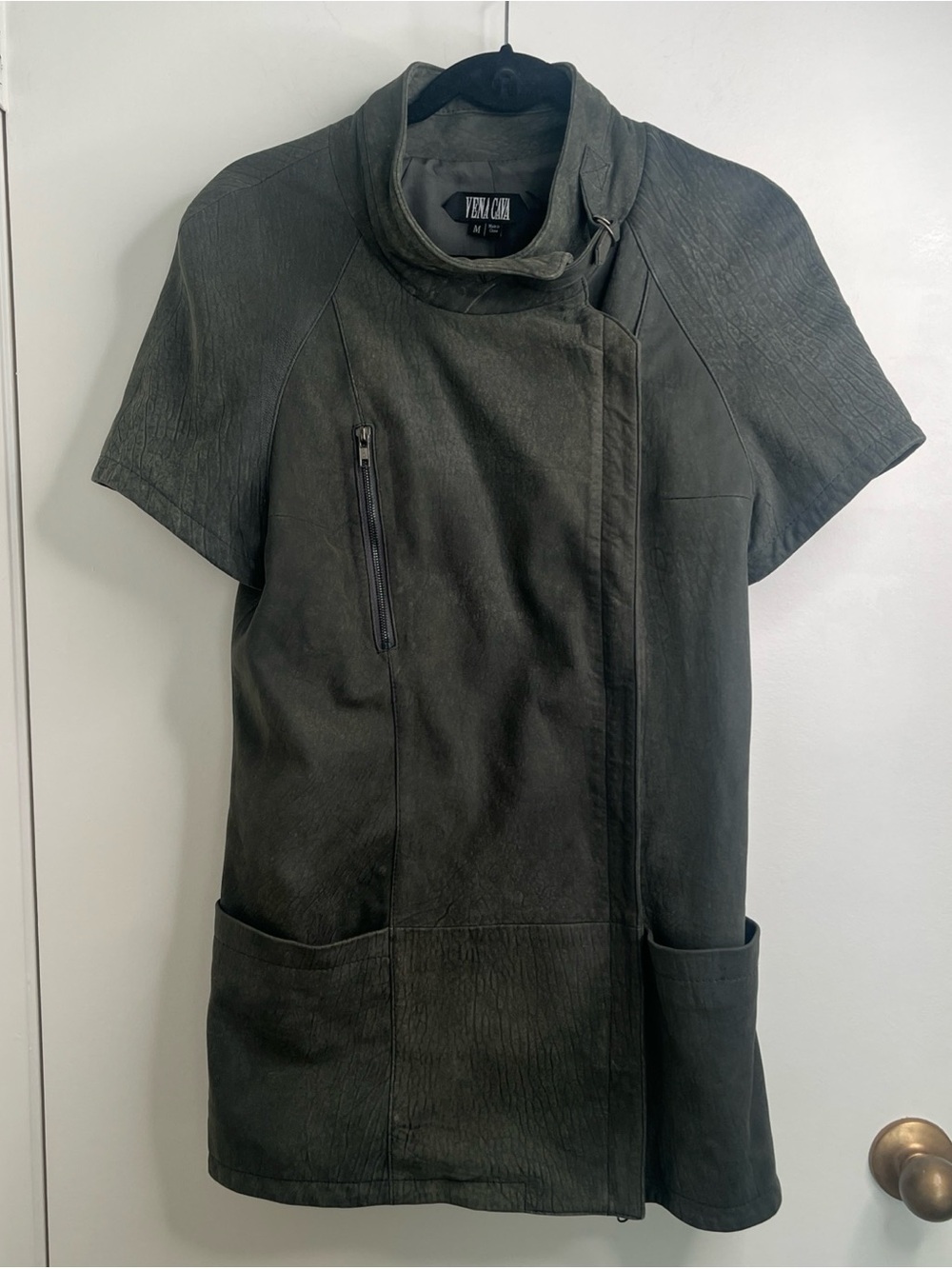 Vena Cava Short Sleeve Leather Tunic Jacket/Moto Dress Olive Green Medium